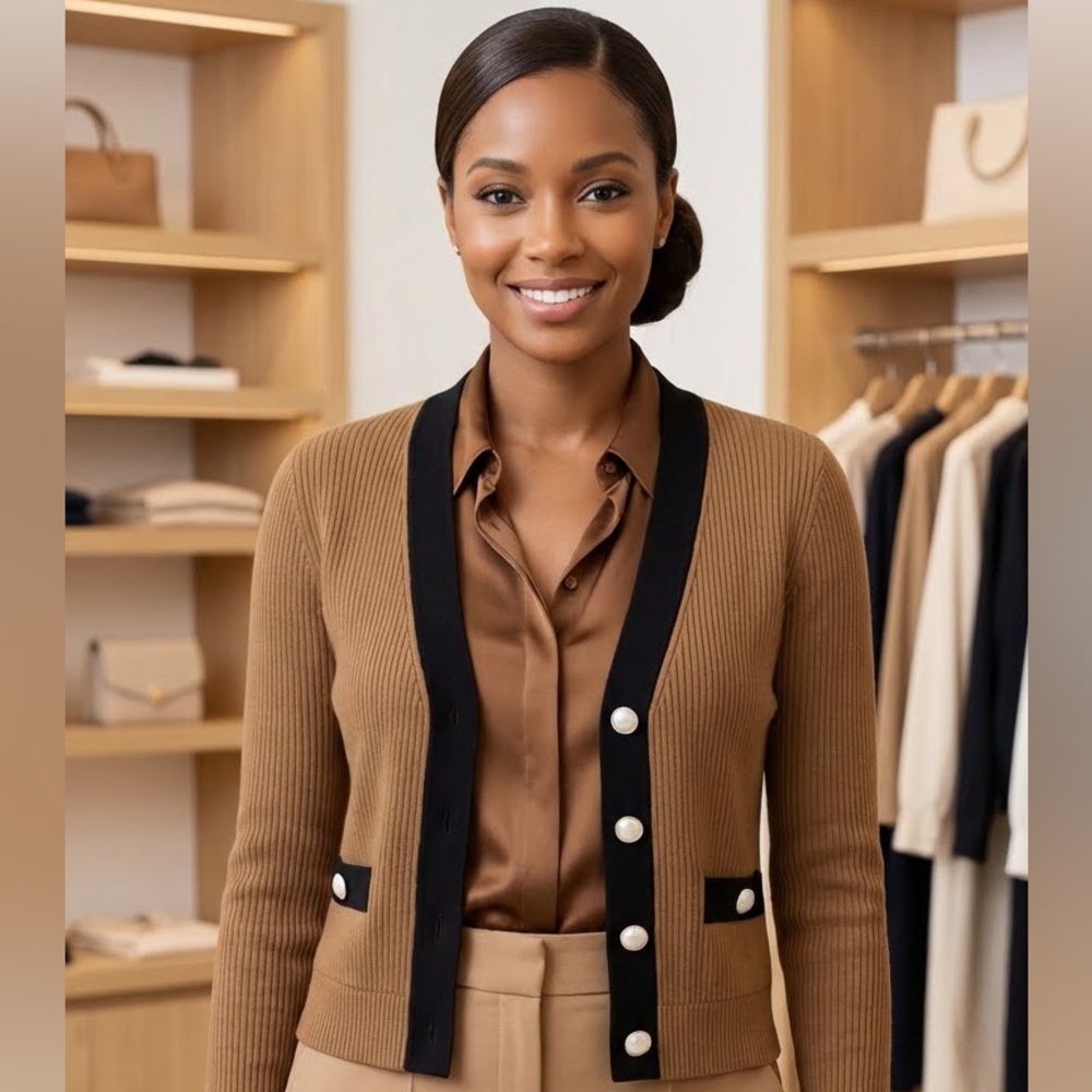 Camel Ribbed Knit Cardigan Jacket w/ Black Contrast Trim & Pearl Buttons